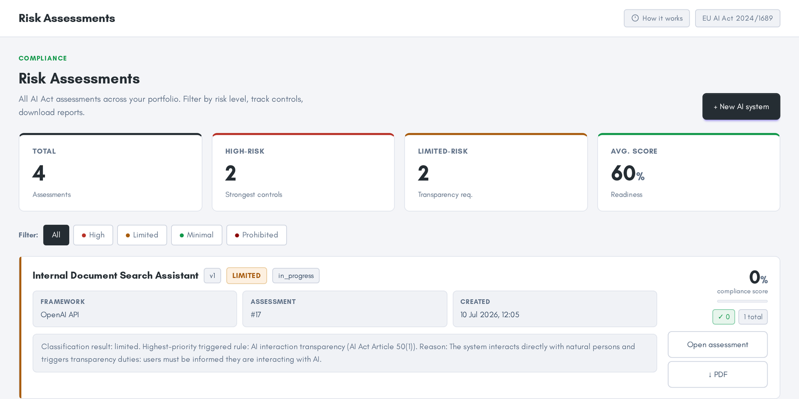 mGuarder risk assessments list with compliance scores and risk badges